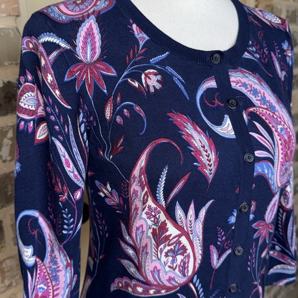 Talbots Charming Collection Blue & Pink Winding Paisley Cardigan Sweater Sz S - Picture 3 of 13